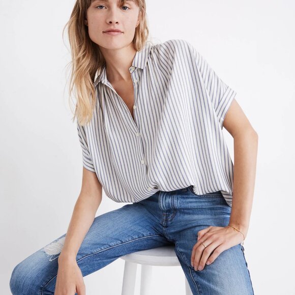 Madewell Central Shirt Blue White Stripe Short Sleeve Button Down M - Picture 8 of 12